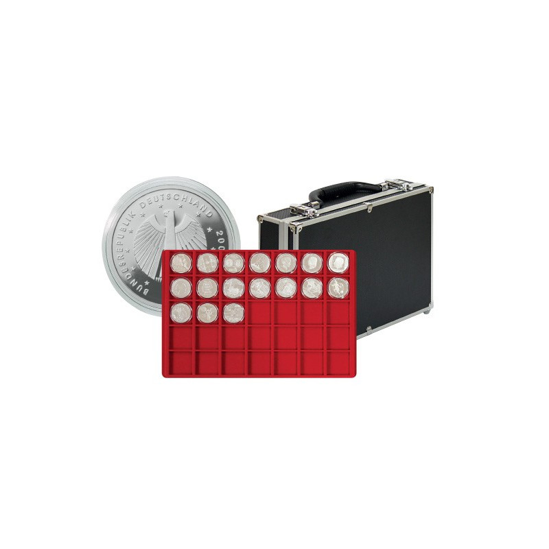 Grande valise numismatique de collection avec 8 plateaux rouges pour 280 monnaies ou capsules jusqu'à  39 mm Ø