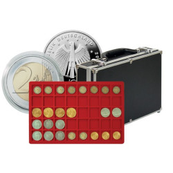 Grande valise numismatique de collection avec 8 plateaux rouges pour 320 monnaies ou capsules jusqu'à  34 mm Ø