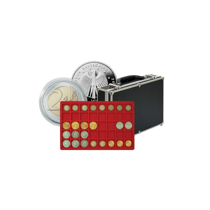Grande valise numismatique de collection avec 8 plateaux rouges pour 320 monnaies ou capsules jusqu'à  34 mm Ø