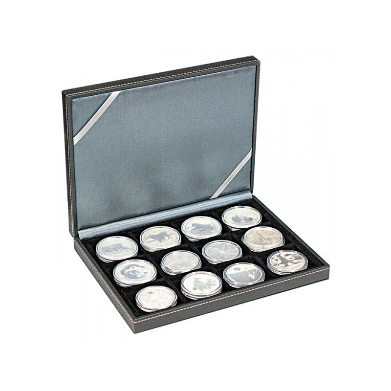 NERA XM-Coffret numismatique avec 12 avéoles carrés pour monnaies/capsules jusqu'à  Ø ext. 52 mm