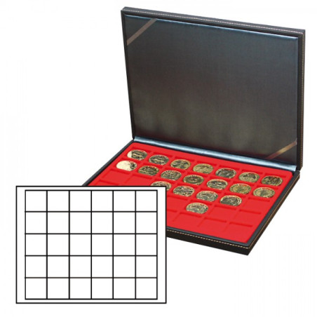 Coffret numismatique NERA M avec plateau rouge vif à  30 alvéoles carrés pour monnaies/capsules jusqu'à   Ø 38 mm