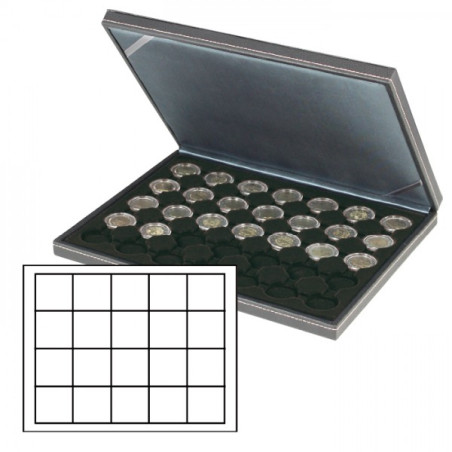 Coffret numismatique NERA M avec plateau noir à  20 alvéoles carrés pour monnaies/capsules jusqu'à  Ø 47 mm