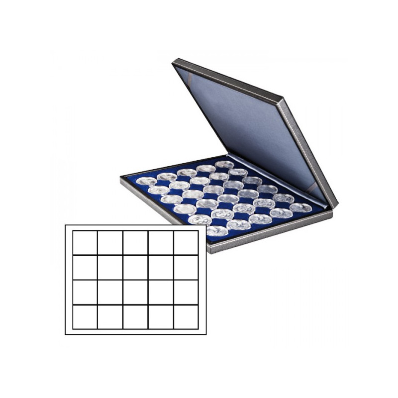 Coffret numismatique NERA M avec plateau bleu foncé à  20 alvéoles carrés pour monnaies/capsules jusqu'à  Ø 47 mm