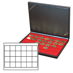 Coffret numismatique NERA M avec plateau rouge vif à  24 alvéoles carrés pour monnaies/capsules jusqu'à  Ø 42 mm