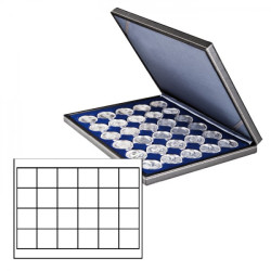 Coffret numismatique NERA M avec plateau bleu foncé à  24 alvéoles carrés pour monnaies/capsules jusqu'à  Ø 42 mm