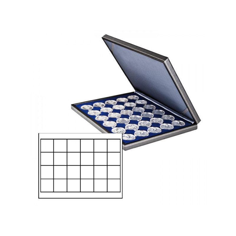 Coffret numismatique NERA M avec plateau bleu foncé à  24 alvéoles carrés pour monnaies/capsules jusqu'à  Ø 42 mm