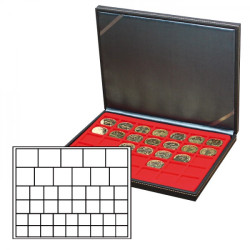 Coffret numismatique NERA M avec plateau rouge vif à  45 alvéoles carrés pour monnaies/capsules jusqu'à   Ø 24, 28, 39 et 44