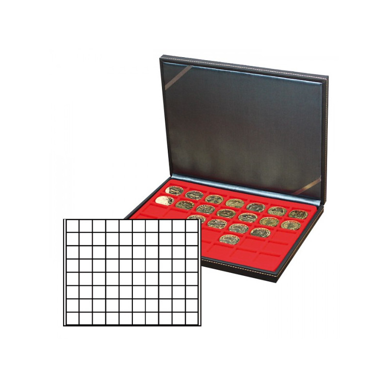 Coffret numismatique NERA M avec plateau rouge vif à  80 alvéoles carrés pour monnaies/capsules jusqu'à   Ø 24 mm