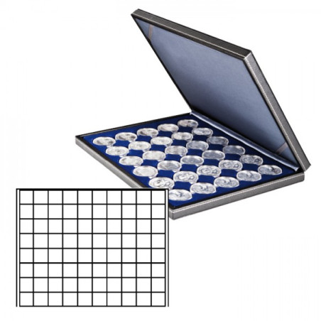 Coffret numismatique NERA M avec plateau bleu foncé à  80 alvéoles carrés pour monnaies/capsules jusqu'à   Ø 24 mm