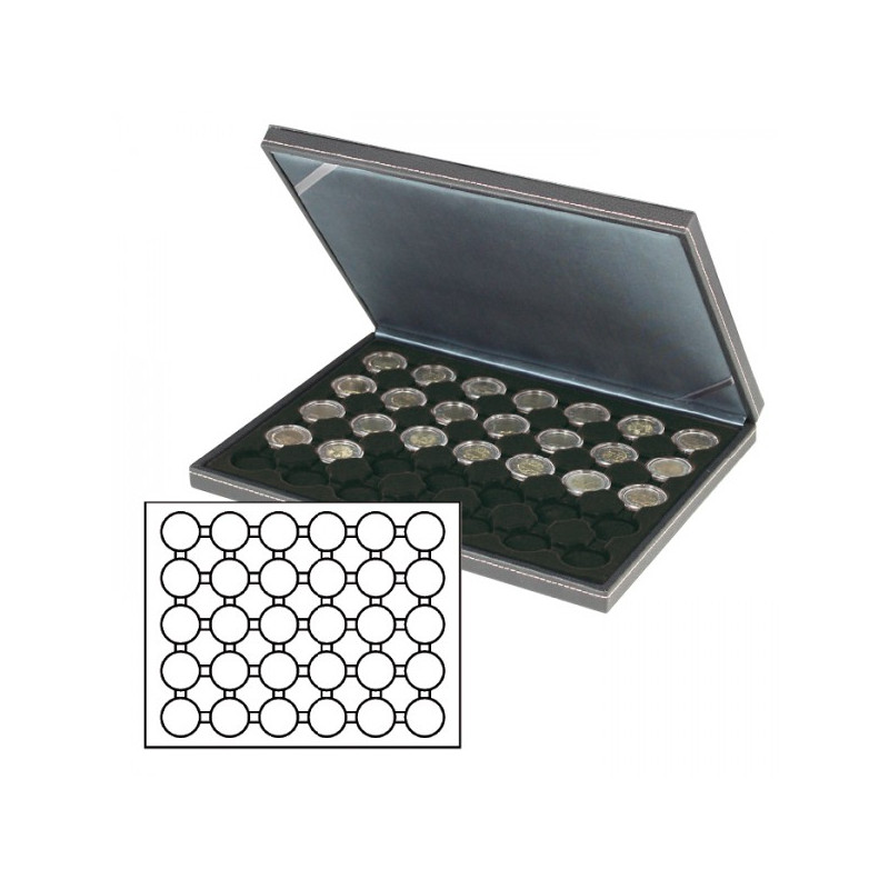 Coffret numismatique NERA M avec plateau noir à  30 alvéoles ronds pour capsules Ø ext. 39,5 mm, par ex. pour monnaies 20 Eur