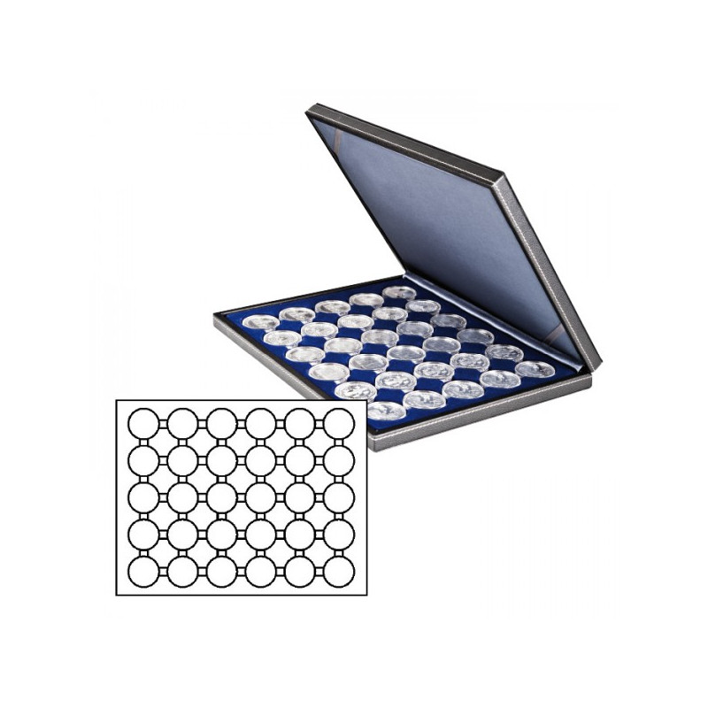 Coffret numismatique NERA M avec plateau bleu foncé à  30 alvéoles ronds pour capsules Ø ext. 39,5 mm, par ex. pour monnaies
