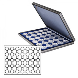 Coffret numismatique NERA M avec plateau bleu foncé à  35 alvéoles ronds pour capsules Ø ext. 32 mm, par ex. pour monnaies 2