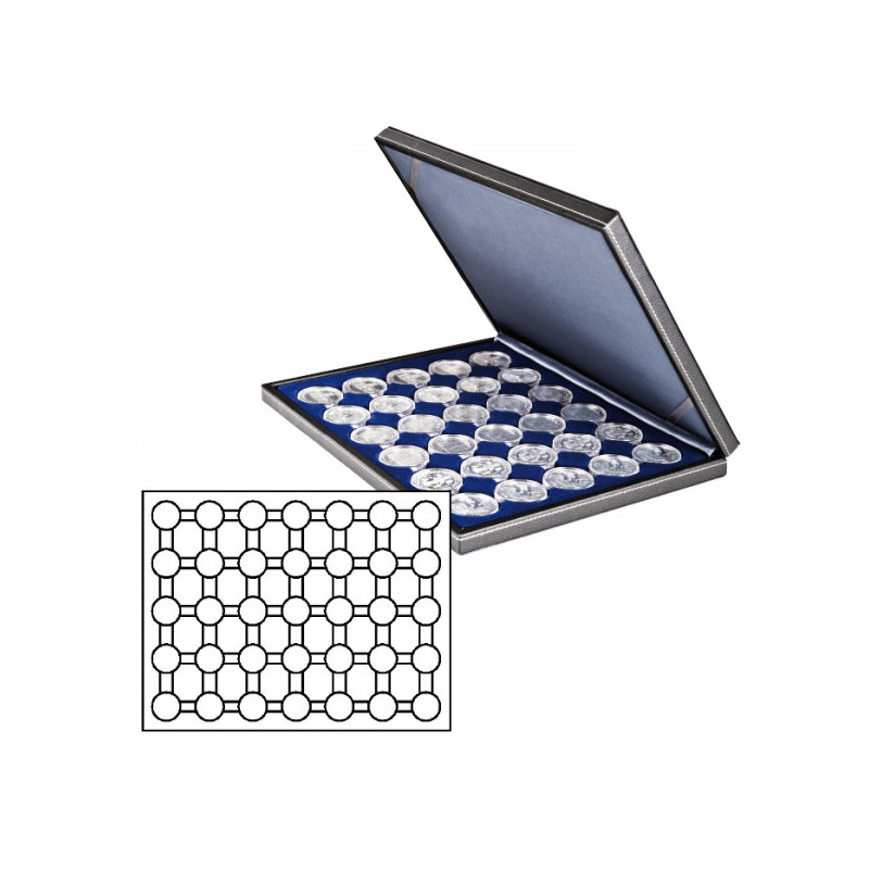 Coffret numismatique NERA M avec plateau bleu foncé à  35 alvéoles ronds pour capsules Ø ext. 32 mm, par ex. pour monnaies 2