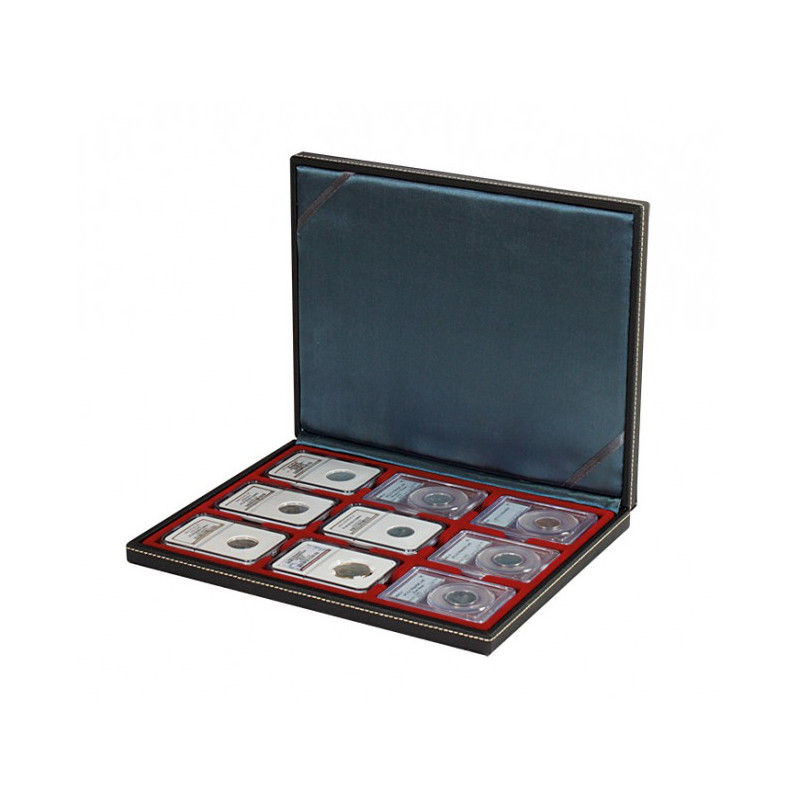 Coffret numismatique NERA M avec plateau rouge foncé pour  9 capsules-US (Slabs) jusqu'au format 63x85 mm