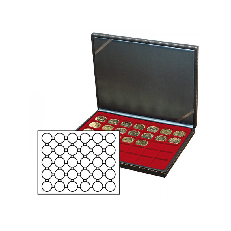Coffret numismatique NERA M avec plateau rouge foncé à  30 alvéoles ronds pour capsules Ø ext. 39,5 mm, par ex. pour monnaies