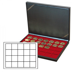 Coffret numismatique NERA M avec plateau rouge foncé à  20 alvéoles carrés pour monnaies/capsules jusqu'à  Ø 47 mm