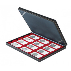 Coffret numismatique NERA M avec plateau rouge foncé à  12 rectangulaires pour étuis numimatiques REBECK COIN L 75x50 mm