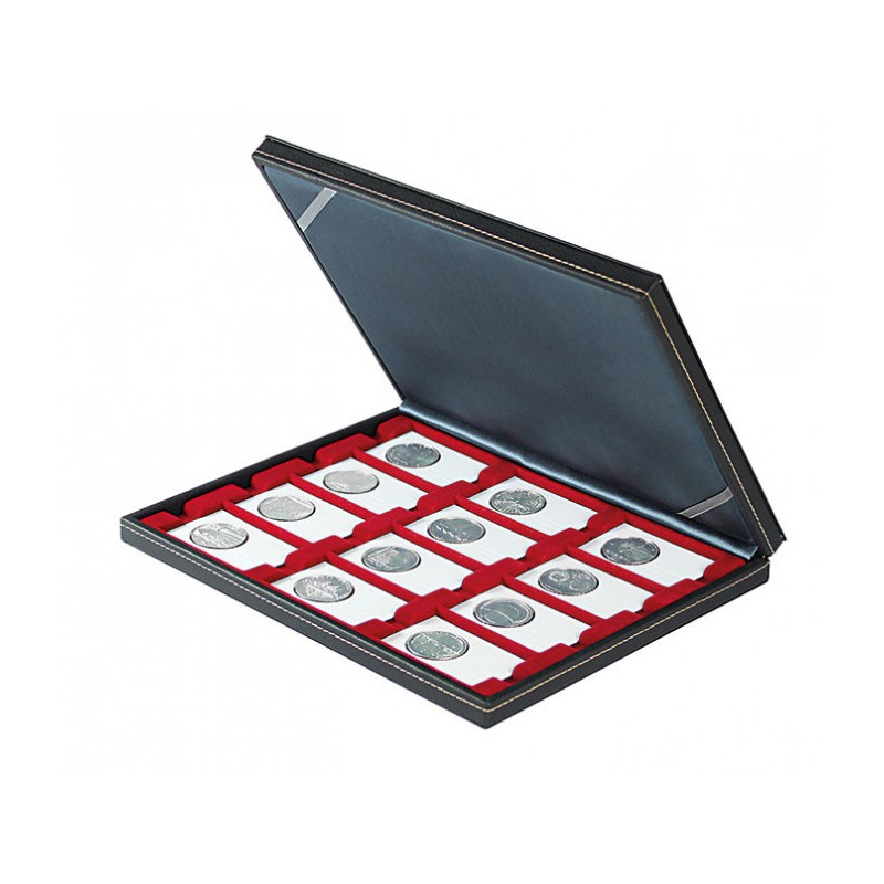 Coffret numismatique NERA M avec plateau rouge foncé à  12 rectangulaires pour étuis numimatiques REBECK COIN L 75x50 mm