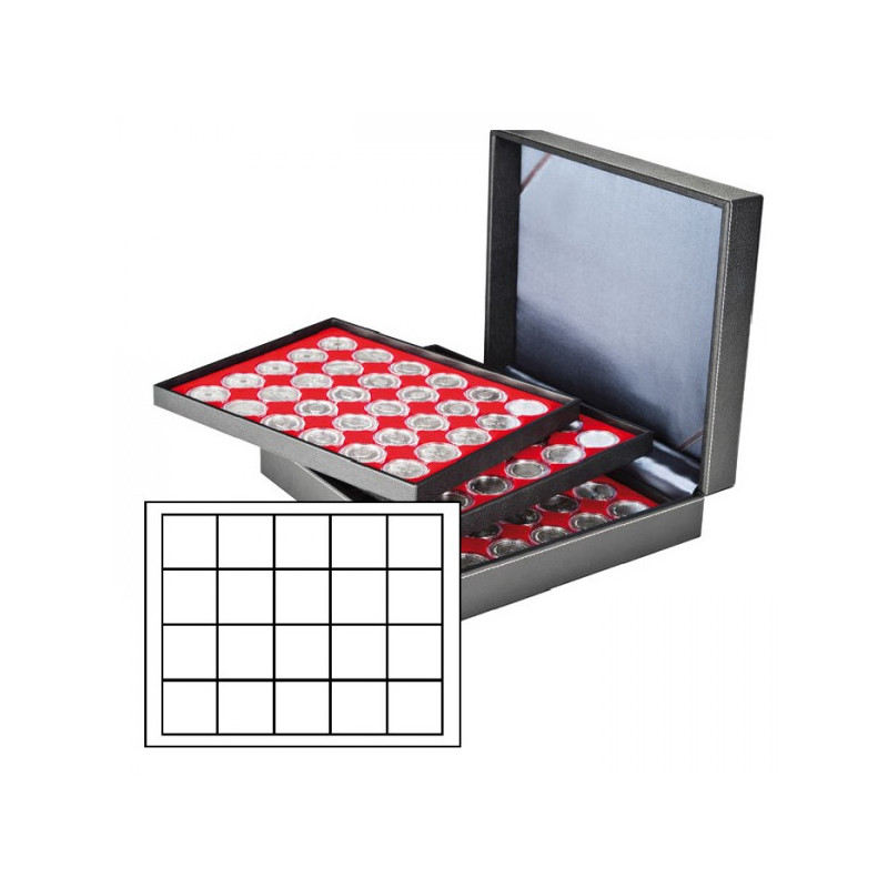 Coffret numismatique NERA XL avec 3 plateaux rouge vif pour 60 monnaies/capsules jusqu'à  Ø 47 mm