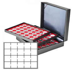 Coffret numismatique NERA XL avec 3 plateaux rouge vif pour 60 étuis numismatiques 50x50 mm/capsules CARRÉE/capsules OCTO