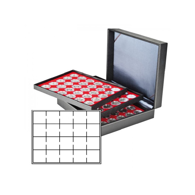 Coffret numismatique NERA XL avec 3 plateaux rouge vif pour 60 étuis numismatiques 50x50 mm/capsules CARRÉE/capsules OCTO