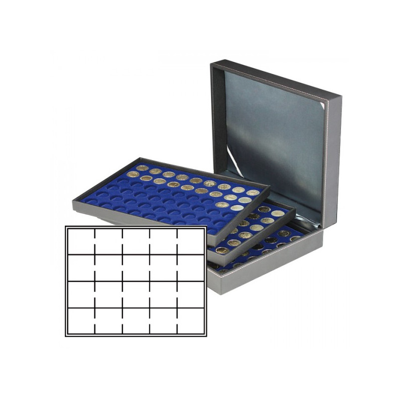 Coffret numismatique NERA XL avec 3 plateaux bleu foncé pour 60 étuis numismatiques 50x50 mm/capsules CARRÉE/capsules OCTO