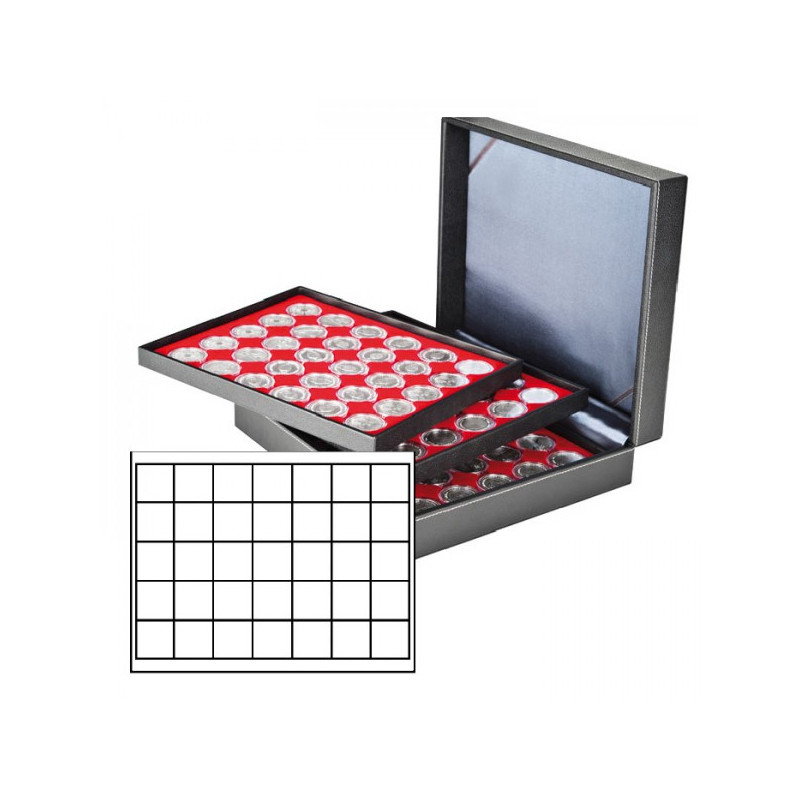 Coffret numismatique NERA XL avec 3 plateaux rouge vif pour 105 monnaies/capsules jusqu'à   Ø 36 mm
