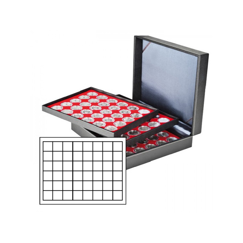 Coffret numismatique NERA XL avec 3 plateaux rouge vif pour 144 monnaies/capsules jusqu'à   Ø 30 mm ou capsules de champagne