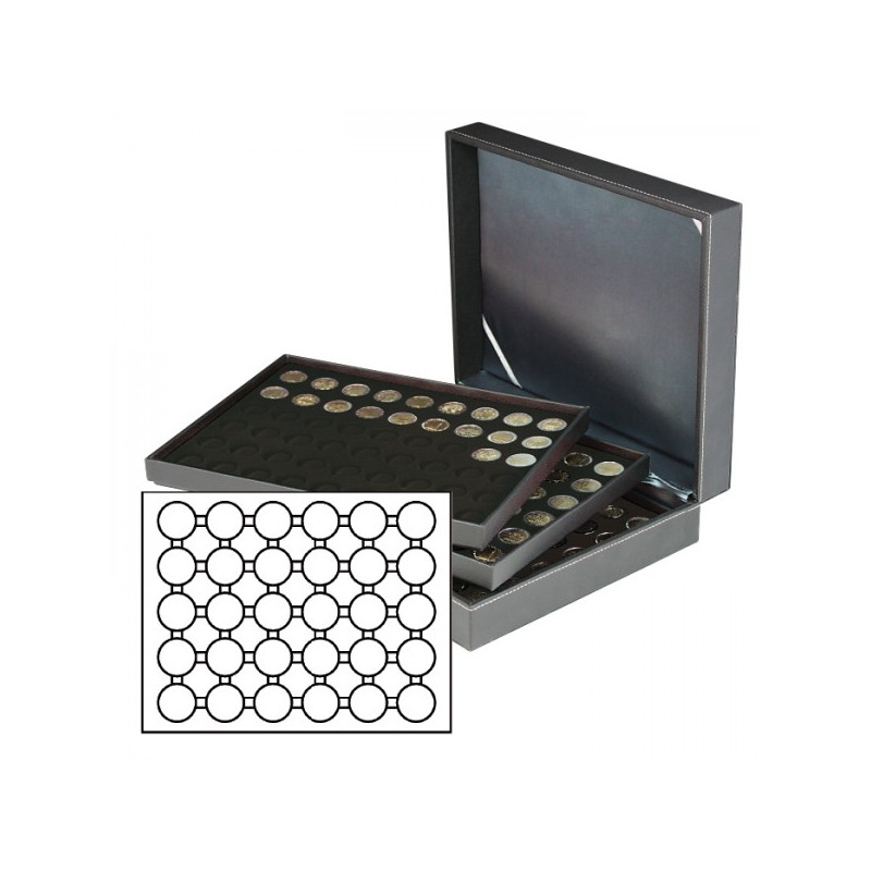 Coffret numismatique XL avec 3 plateaux noir pour 90 capsules Ø ext. 39,5 mm, par ex. pour monnaies 20 Euro/10 Euro-argent Al