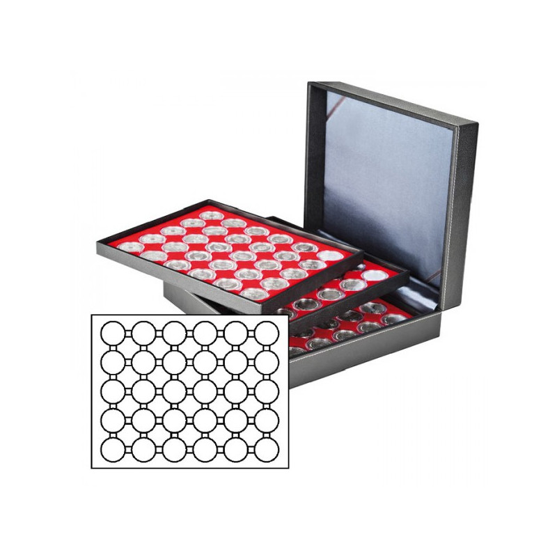 Coffret numismatique XL avec 3 plateaux rouge vif pour 90 capsules Ø ext. 39,5 mm, par ex. pour monnaies 20 Euro/10 Euro-arge