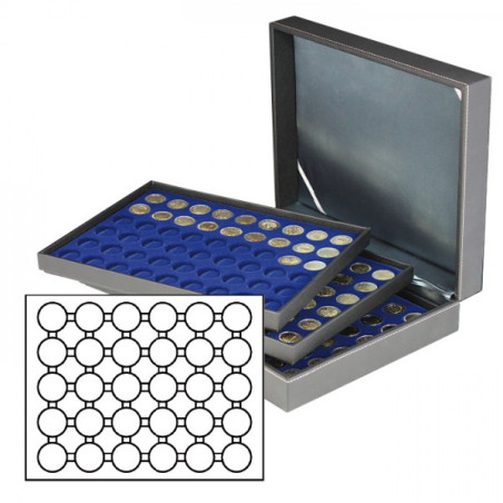 Coffret numismatique XL avec 3 plateaux bleu foncé pour 90 capsules Ø ext. 39,5 mm, par ex. pour monnaies 20 Euro/10 Euro-arg