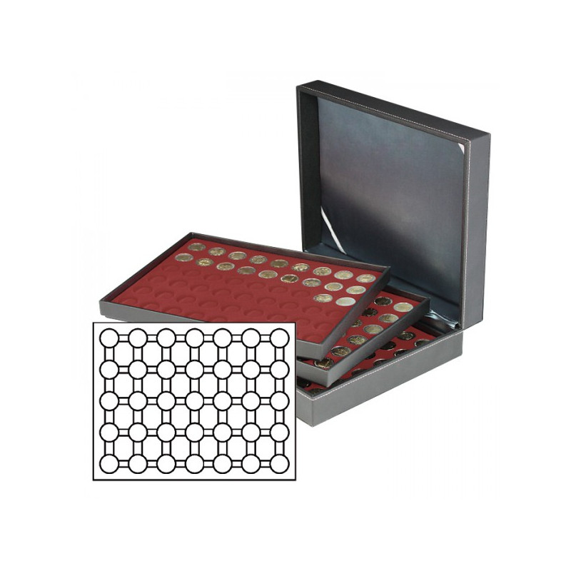 Coffret numismatique NERA XL avec 3 plateaux rouge foncé pour 105 capsules Ø ext. 32 mm, par ex. pour monnaies 2 Euro sous ca