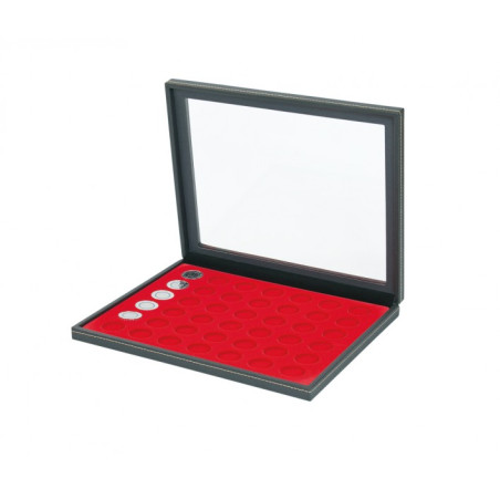 Coffret numismatique NERA M PLUS avec plateau rouge vif à 42 alvéoles ronds pour monnaies de Ø 27,5 mm, par ex. pour monnaie Coffret numismatique NERA M PLUS avec plateau rouge vif à 42 alvéoles ronds pour monnaies de Ø 27,5 mm, par ex. pour monnaie