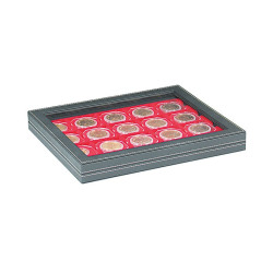 Coffret numismatique NERA M PLUS avec plateau rouge vif pour étuis numismatiques 50x50 mm/capsules CARRÉE/capsules OCTO