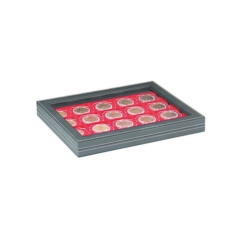 Coffret numismatique NERA M PLUS avec plateau rouge vif pour étuis numismatiques 50x50 mm/capsules CARRÉE/capsules OCTO