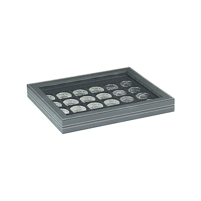 Coffret numismatique NERA M PLUS avec plateau noir à  24 alvéoles carrés pour monnaies/capsules jusqu'à  Ø 42 mm