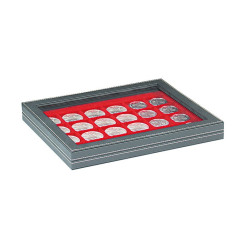 Coffret numismatique NERA M PLUS avec plateau rouge vif à  24 alvéoles carrés pour monnaies/capsules jusqu'à  Ø 42 mm