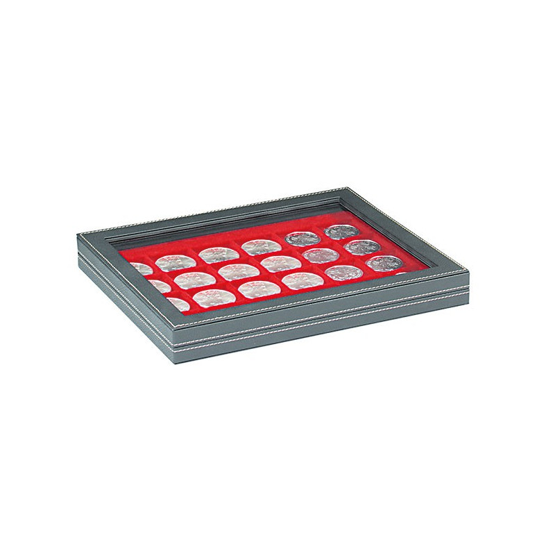 Coffret numismatique NERA M PLUS avec plateau rouge vif à  24 alvéoles carrés pour monnaies/capsules jusqu'à  Ø 42 mm