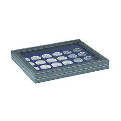 Coffret numismatique NERA M PLUS avec plateau bleu foncé à  24 alvéoles carrés pour monnaies/capsules jusqu'à  Ø 42 mm