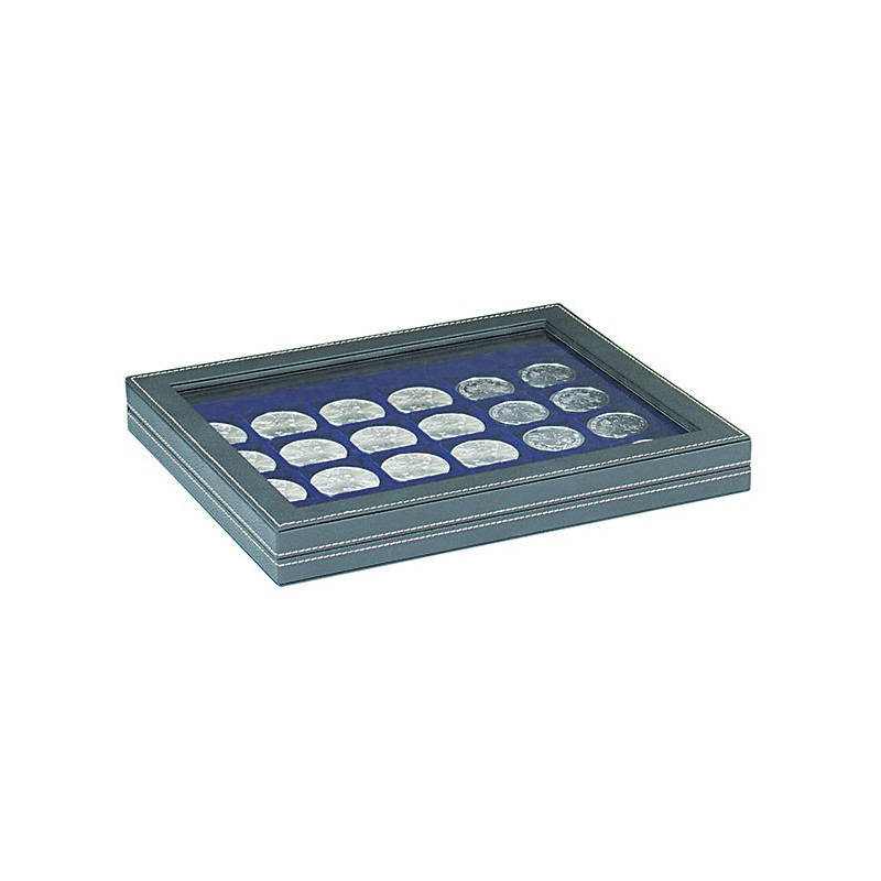Coffret numismatique NERA M PLUS avec plateau bleu foncé à  24 alvéoles carrés pour monnaies/capsules jusqu'à  Ø 42 mm