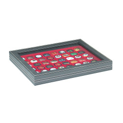 Coffret numismatique NERA M PLUS avec plateau rouge vif à  48 alvéoles carrés pour monnaies/capsules jusqu'à   Ø 30 mm