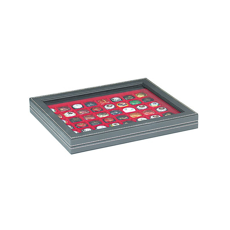 Coffret numismatique NERA M PLUS avec plateau rouge vif à  48 alvéoles carrés pour monnaies/capsules jusqu'à   Ø 30 mm