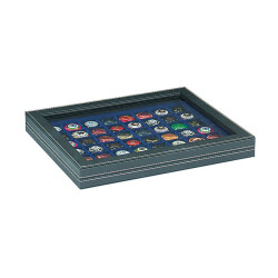 Coffret numismatique NERA M PLUS avec plateau bleu foncé à  48 alvéoles carrés pour monnaies/capsules jusqu'à   Ø 30 mm