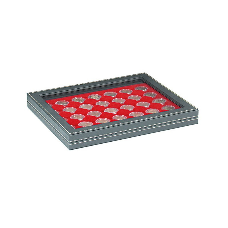 Coffret numismatique NERA M PLUS avec plateau rouge vif à  35 alvéoles ronds pour capsules Ø ext. 32 mm, par ex. pour monnaie