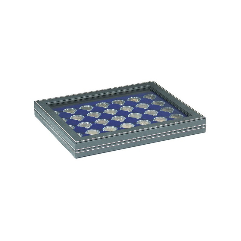 Coffret numismatique NERA M PLUS avec plateau bleu foncé à  35 alvéoles ronds pour capsules Ø ext. 32 mm, par ex. pour monnai
