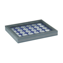 Coffret numismatique NERA M PLUS avec plateau bleu foncé à  30 alvéoles ronds pour capsules Ø ext. 37,5 mm, par ex. pour monn