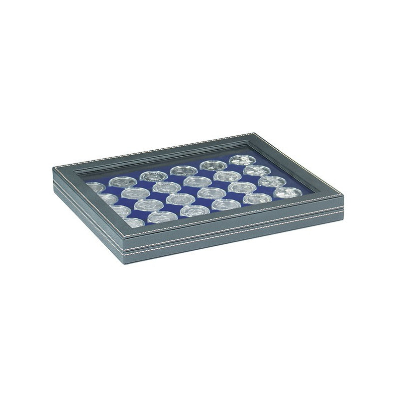 Coffret numismatique NERA M PLUS avec plateau bleu foncé à  30 alvéoles ronds pour capsules Ø ext. 37,5 mm, par ex. pour monn