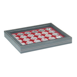 Coffret numismatique NERA M PLUS avec plateau rouge foncé à  30 alvéoles ronds pour capsules Ø ext. 39,5 mm, par ex. pour mon