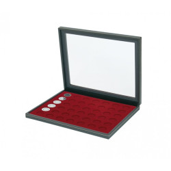 Coffret numismatique NERA M PLUS avec plateau rouge foncé à  42 alvéoles ronds pour monnaies de Ø 27,5 mm, par ex. pour monna