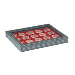 Coffret numismatique NERA M PLUS avec plateau rouge foncé pour étuis numismatiques 50x50 mm/capsules CARRÉE/capsules OCTO